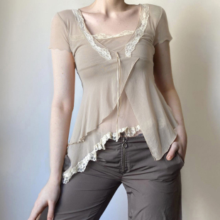 花边T恤甜辣妹网纱雪纺上衣 蕾丝拼接V领短袖 Amwyay 纯欲辣妹