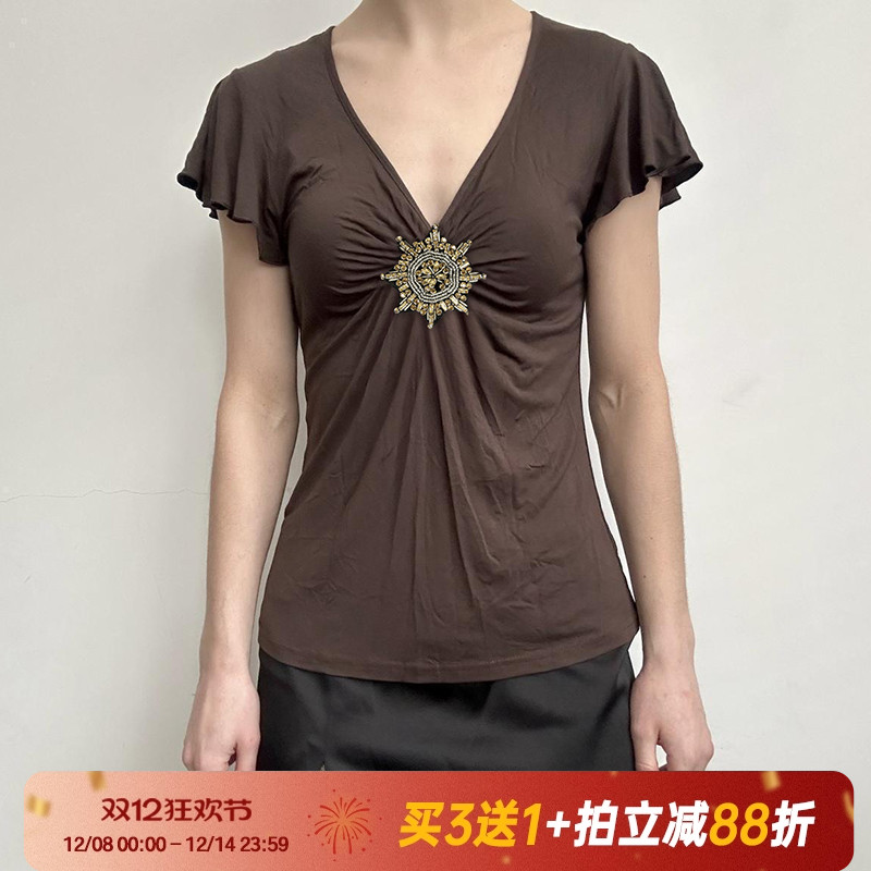 【中古辣妹】复古V领褶皱短袖