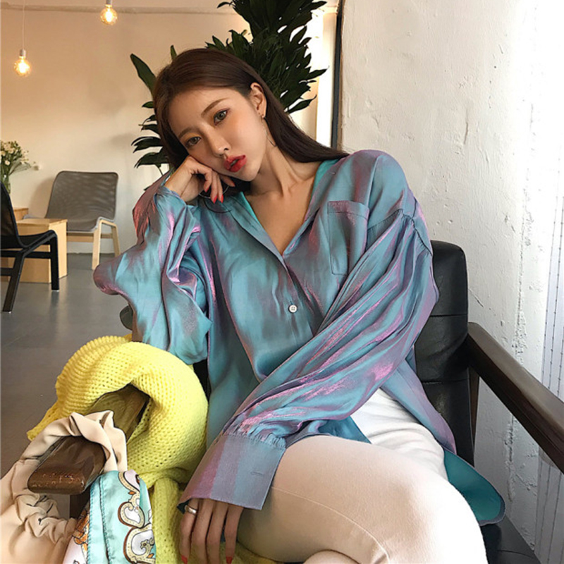Amyway网红同款复古人鱼姬亮丝单排扣衬衫女宽松休闲长袖防晒上衣限10000张券