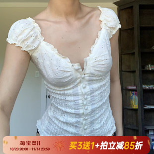 纽扣上衣蕾丝花边T恤 纯欲褶皱小众设计感泡泡袖 Amyway法式 少女感