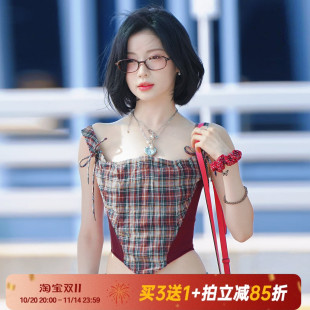 Amyway 甜美复古格纹系带背心女拼接撞色吊带上衣 爱豆Asa同款