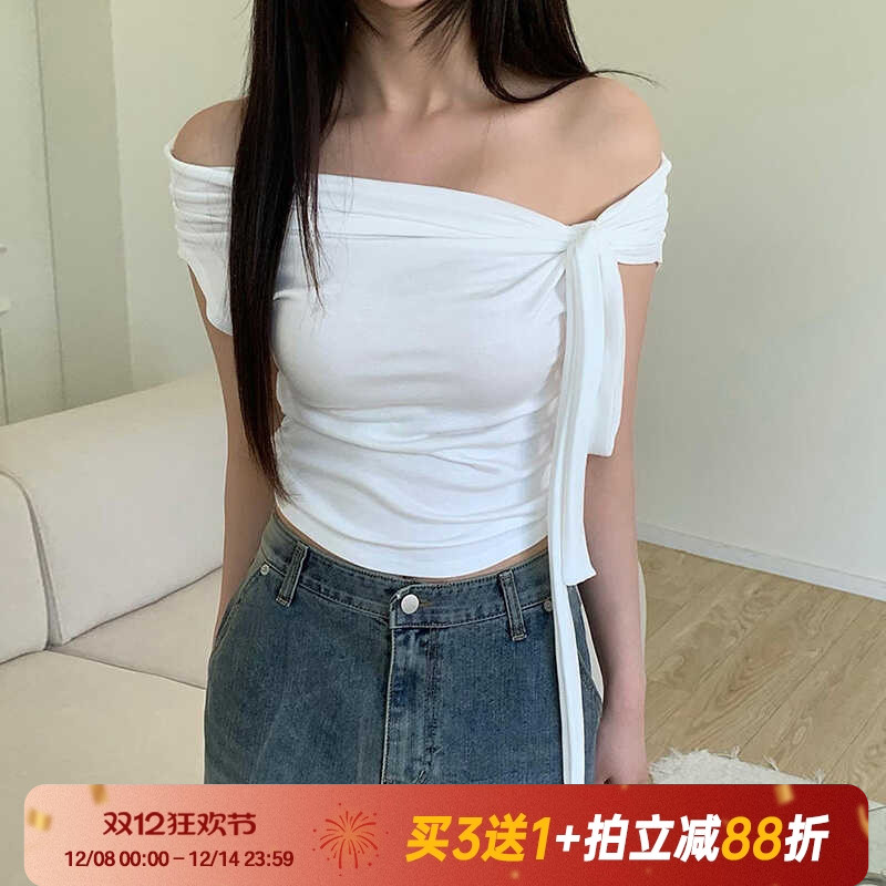 露肩褶皱绑带纯欲风短袖辣妹