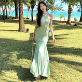 Amyway 海边度假 小清新性感蝴蝶挂脖连衣裙女高级感鱼尾裙长裙
