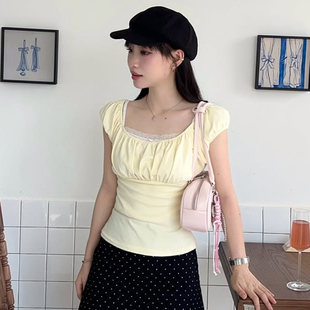 上衣 Amyway 甜美减龄 少女感复古纯欲风蕾丝花边方领短袖 泡泡袖