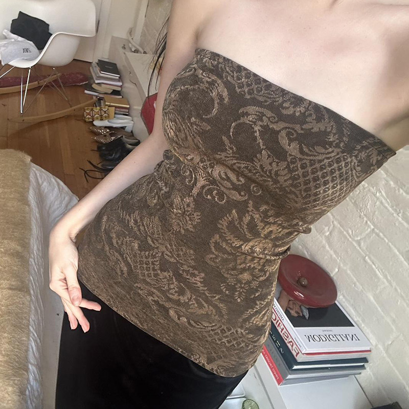 Amyway【美式古着】复古设计感浮雕暗纹印花无袖抹胸显瘦辣妹上衣,女装/女士精品,背心吊带,淘宝优惠券,粉丝福利购,淘宝优惠卷