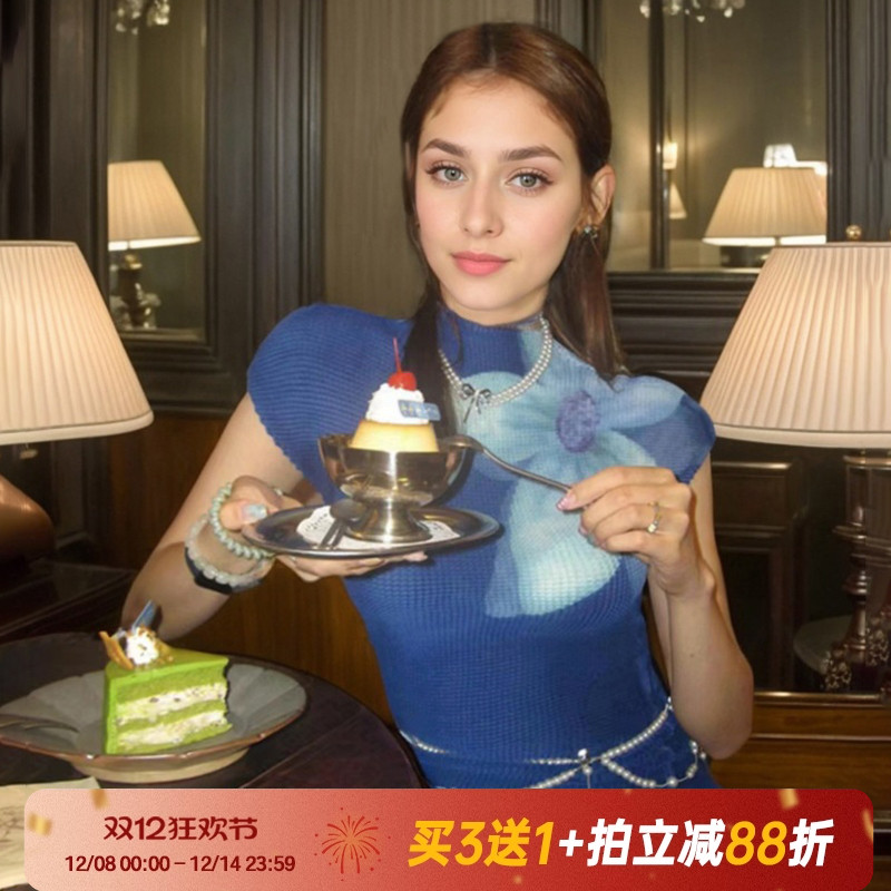 【古着甜辣】复古渐变蓝花卉短袖