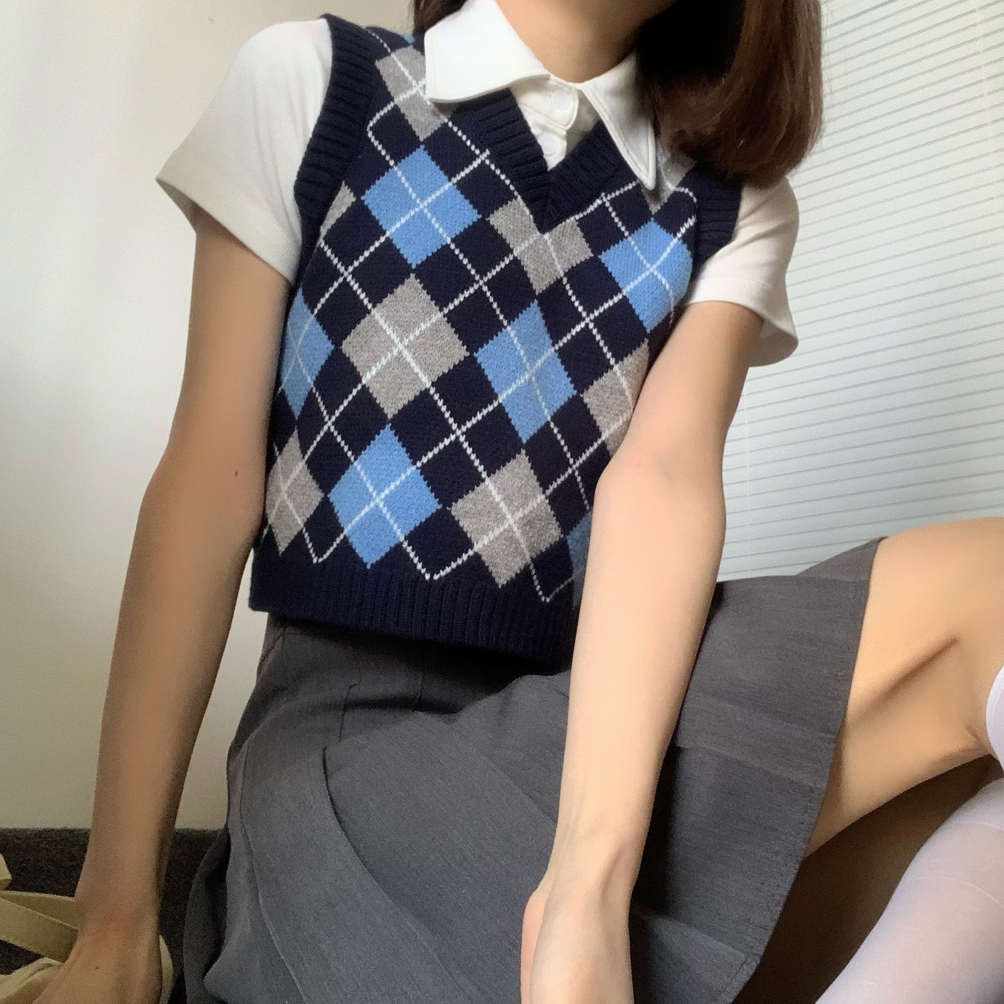 Amyway欧美复古英伦风菱形格子背心学院风百搭V领外穿针织毛衫女