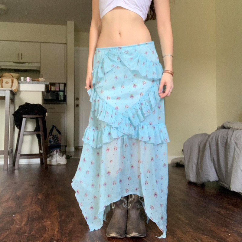 【浪漫夏日】复古碎花网纱半身裙