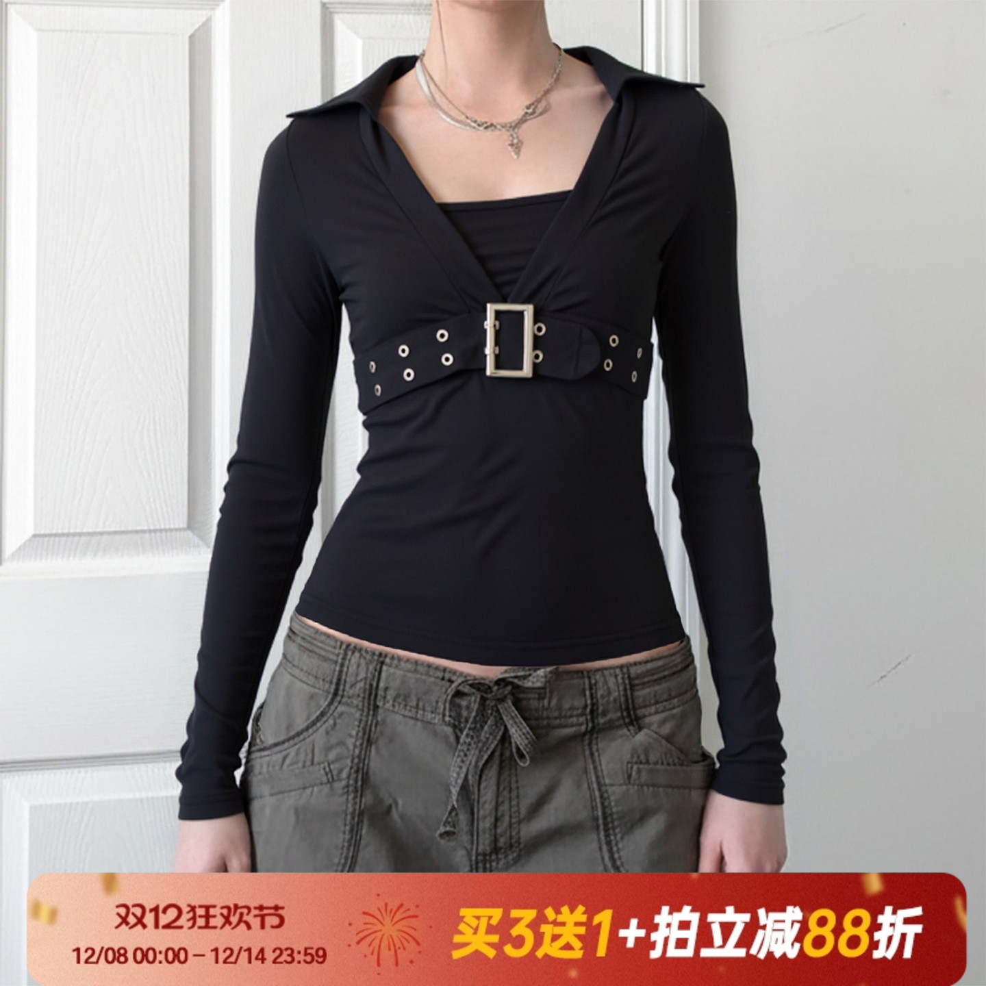 暗黑酷辣风金属鸡眼扣V领长袖女