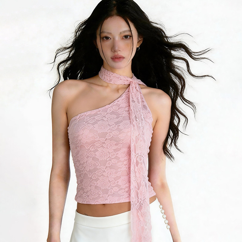 Amyway【法式少女风】性感辣妹挂脖飘带设计蕾丝吊带背心纯欲上衣