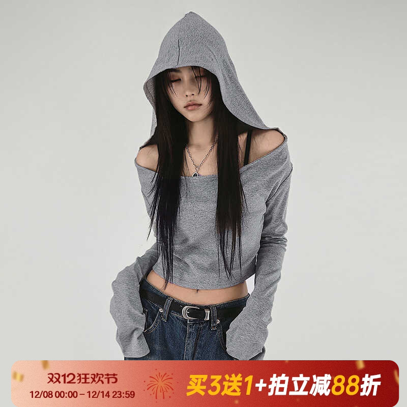 连帽短款露肩灰色荡领慵懒复古