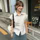Amyway 纽扣T恤上衣 小清新少年感格纹拼接翻领短袖 美式 辣妹