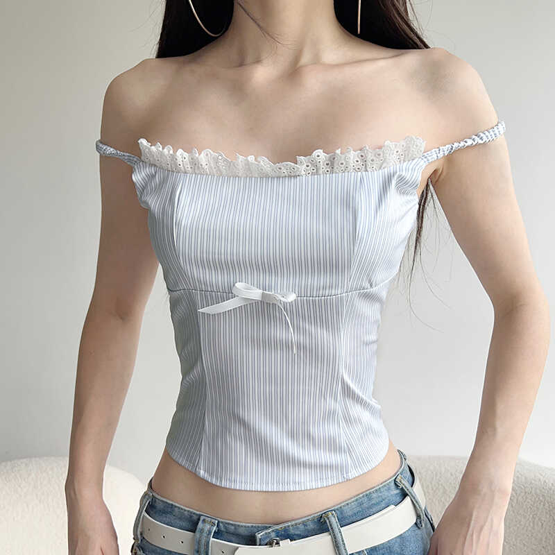 条纹蕾丝边吊带上衣Amyway复古