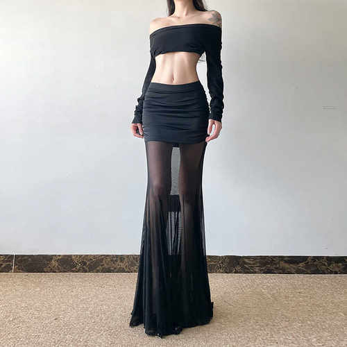 包臀拼接褶皱鱼尾裙长裙性感