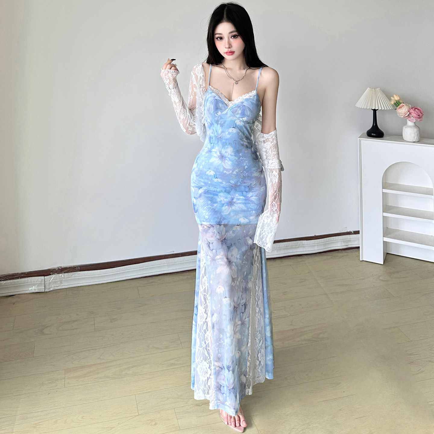 Amyway【星海浪漫】复古碎花晕染吊带裙蕾丝开衫两件套鱼尾裙长裙,女装/女士精品,连衣裙,淘宝优惠券,粉丝福利购,淘宝优惠卷