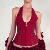 Amyway jennie同款 复古红色V领挂脖拉链鱼骨吊带背心性感上衣