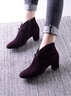 VDVC小众新中式深紫色羊皮圆头5cm粗跟真皮单靴女靴踝靴中跟短靴