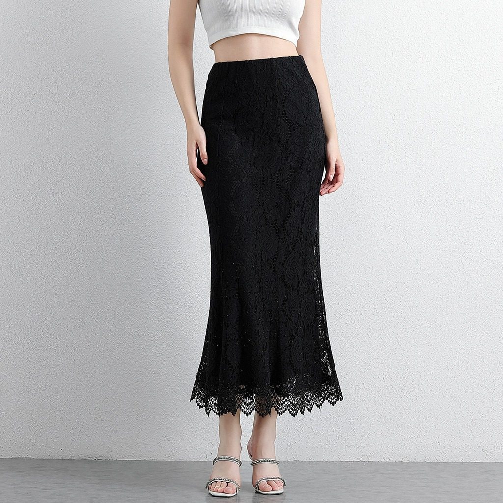 镂空蕾丝鱼尾裙黑色包臀裙高腰显瘦百搭气质半身女外贸长裙春夏