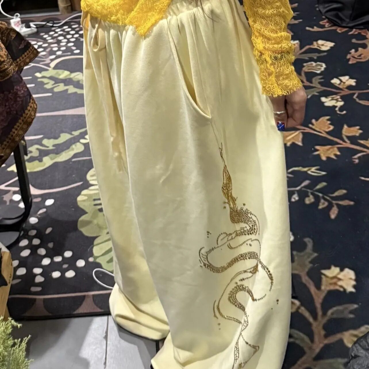 美式垂感爆闪黄色水墨蛇宽松慵懒拖地休闲裤子辣妹运动爵士跳舞裤