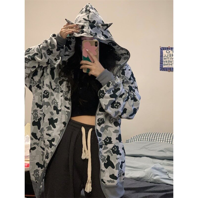 万圣节小恶魔连帽外套棉跨境外贸迷彩印花卫衣时尚宽松显瘦情侣装