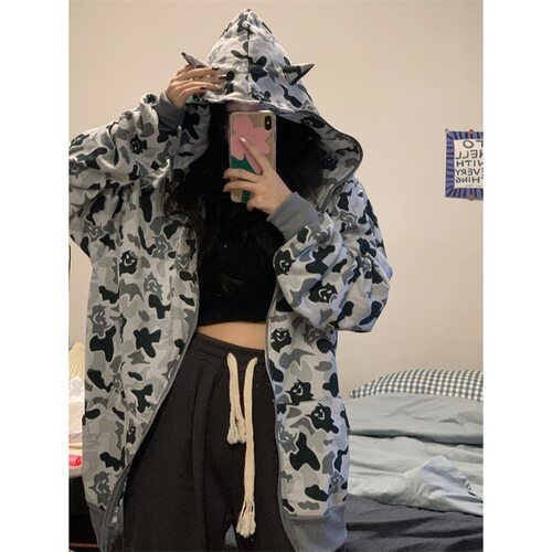 万圣节小恶魔连帽外套棉跨境外贸迷彩印花卫衣时尚宽松显瘦情侣装