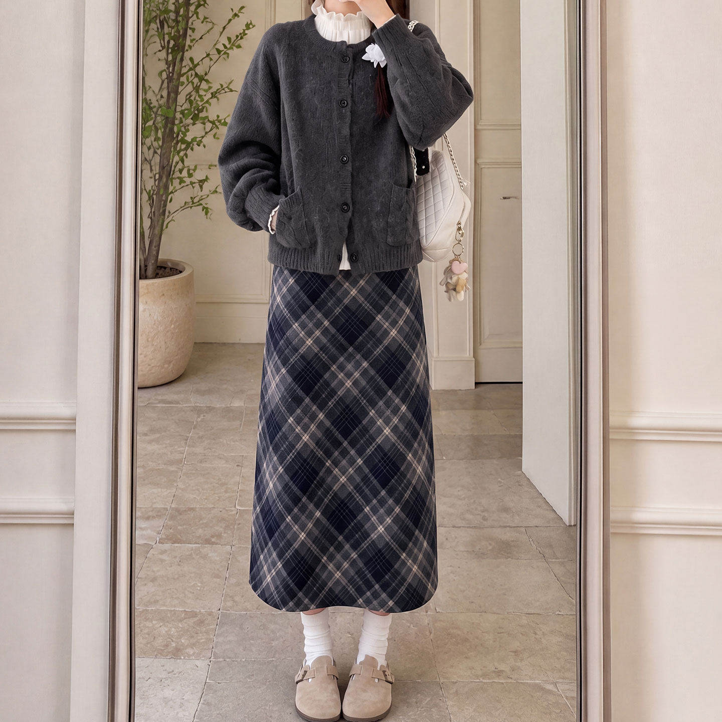 藏青色毛呢格子裙女秋冬新款小个子高腰a字裙半身裙开叉包臀裙子