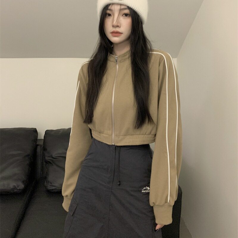 2026新款美式卫衣女长袖高腰外套春秋季复古拉链开衫短款上衣百搭