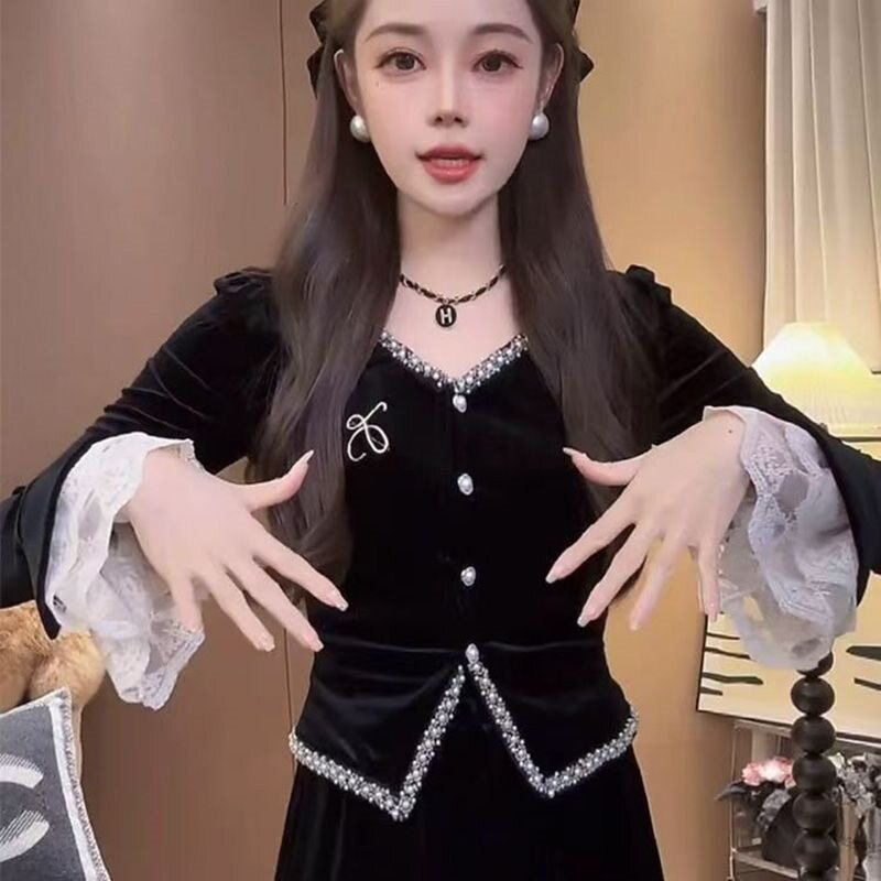春秋季赫小本香风法式洋气少女小黑裙黑色晚礼服方领钉珠上衣百搭