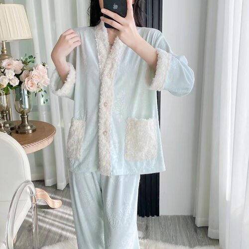 GIOIO【品牌】海岛绒睡衣女秋冬款长袖长裤带口袋法式加厚家居服
