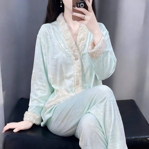 睡衣女秋冬季海岛绒加厚保暖长袖长裤家居服套装可外穿