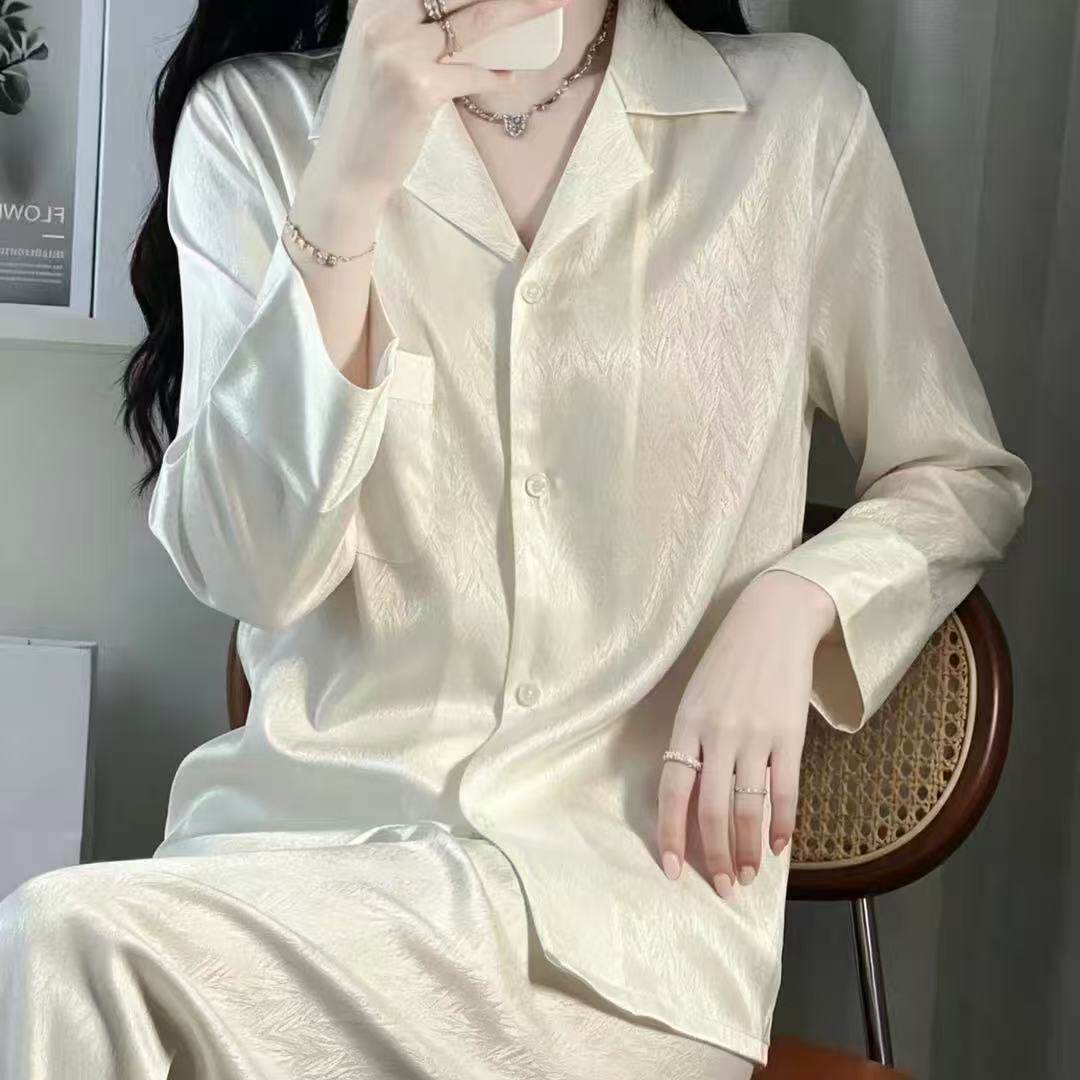 维多利亚新款高级感简约衬衫冰丝睡衣女春秋季白色长袖家居服