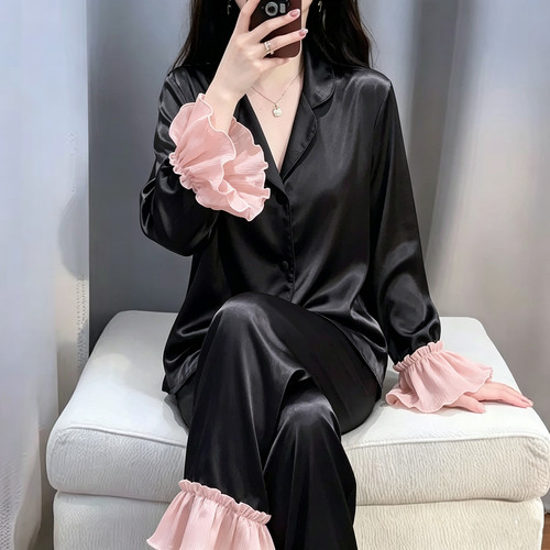 维多利亚冰丝睡衣春夏季新款高级感荷叶边长袖带胸垫家居服睡衣