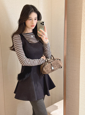JR 2025冬季新款 千金风毛绒赫本a字裙背心吊带连衣裙XRJ7L04B