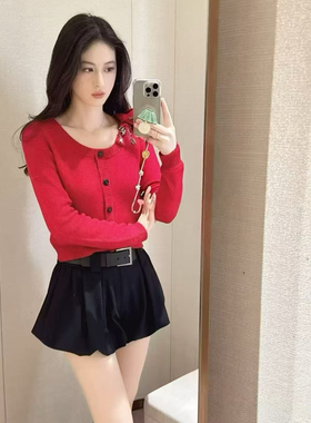 JR 2026春季新款 绵羊毛单排扣蝴蝶结圆领针织开衫女外套XSJ1M07D