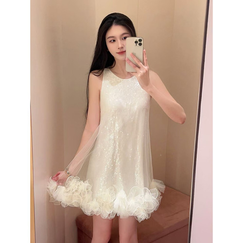 JR 专柜正品 2026春季新款 木耳花边蕾丝网纱无袖连衣裙XRJ4L25D