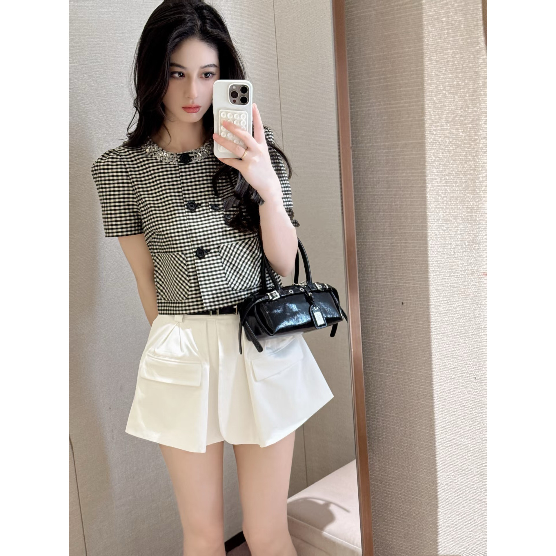 JR专柜正品2026春季新款缝钻领单排扣短袖格子衬衫女上衣R125703B