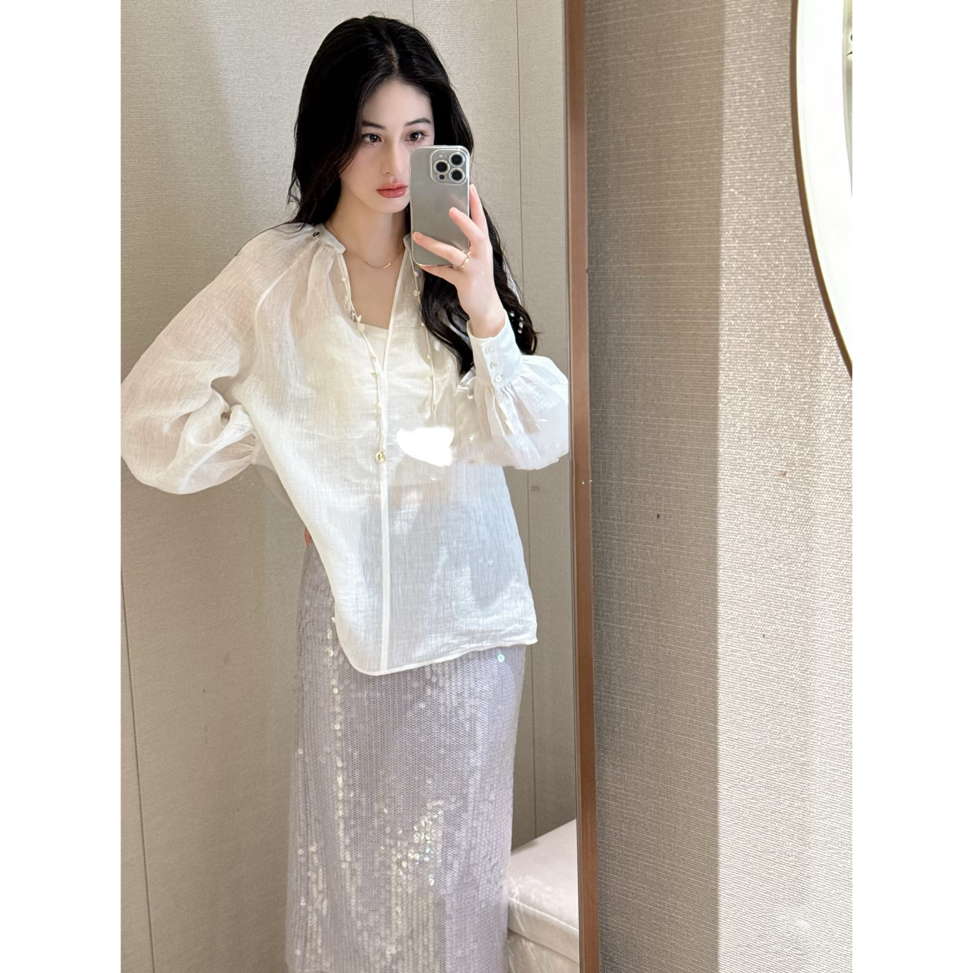JR 专柜正品2026春季新款亚麻V领宽松贝壳装饰衬衫上衣女R125903B