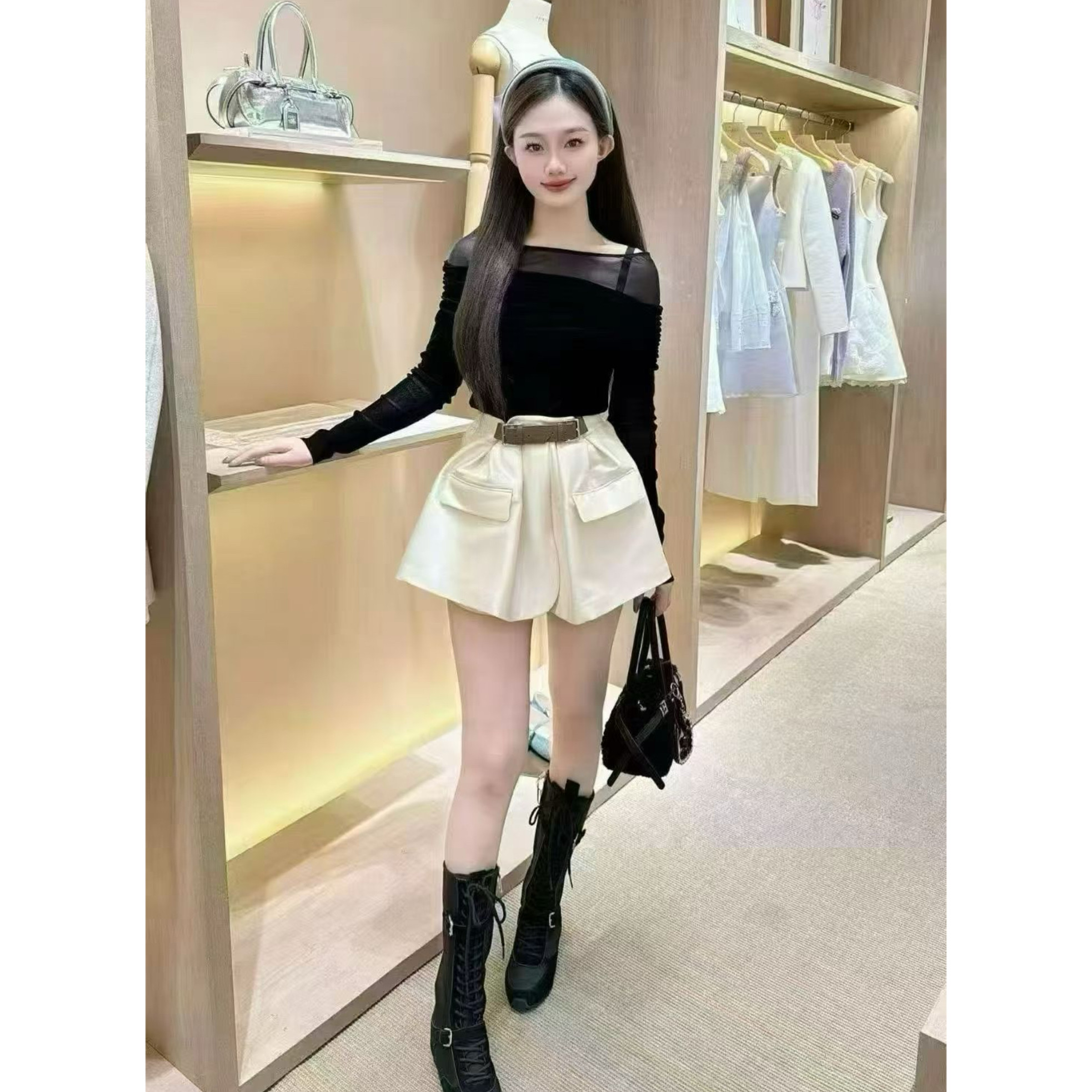 JR 专柜正品2026春季新款 气质长袖一字肩针织修身上衣女XSJ1S03D