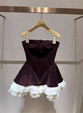 JR 2025冬季新款 千金风丝绒复古抹胸荷叶边蓬蓬连衣裙女XRJ6L01D