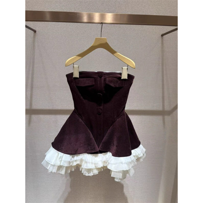 JR 2025冬季新款 千金风丝绒复古抹胸荷叶边蓬蓬连衣裙女XRJ6L01D