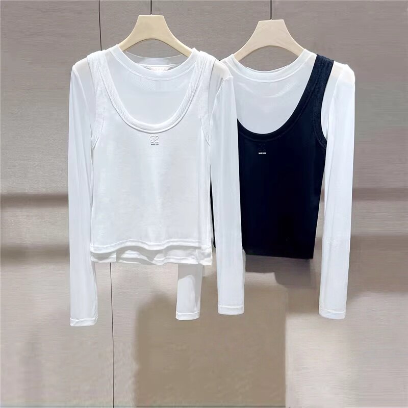 JR 2026春季新款 圆领撞色百搭休闲针织上衣两件套T恤女XSJ1S07C