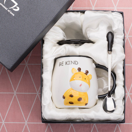 创意卡通长颈鹿动物杯陶瓷咖啡杯子马克杯带盖勺早餐牛奶杯喝水