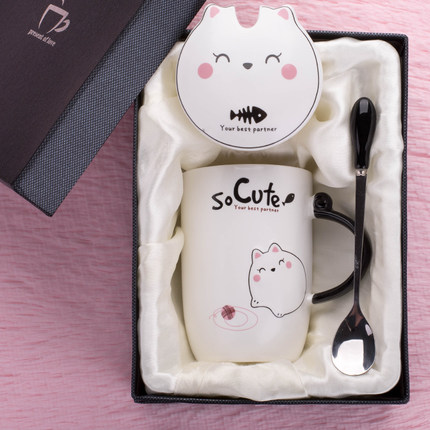 卡通可爱动物猫杯陶瓷马克杯咖啡杯带盖勺牛奶杯情侣喝水杯子个性