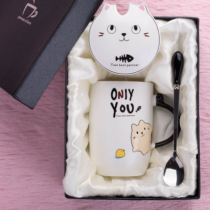 卡通可爱动物猫杯陶瓷马克杯咖啡杯带盖勺牛奶杯情侣喝水杯子个性