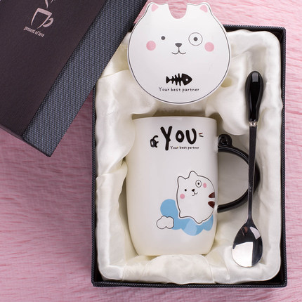 卡通可爱动物猫杯陶瓷马克杯咖啡杯带盖勺牛奶杯情侣喝水杯子个性