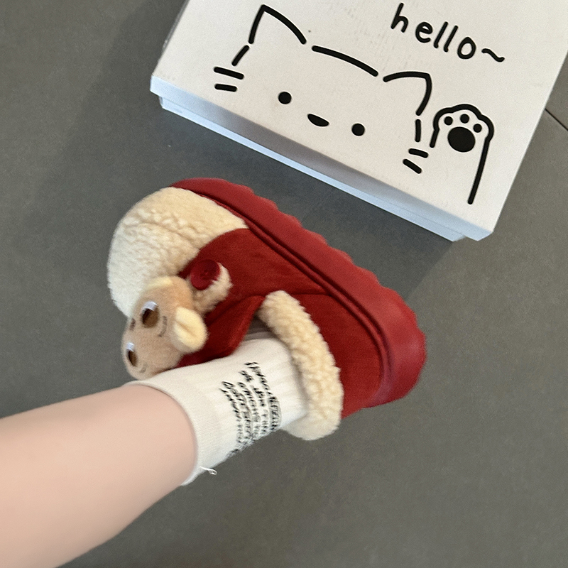 毛绒拼接可爱卡通小兔子毛绒居家棉拖鞋女2025冬季新款保暖厚底鞋