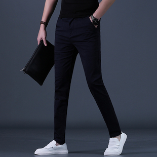 夏季裤子男时尚休闲裤男士高级感潮流修身小脚深暗蓝色弹力长裤薄