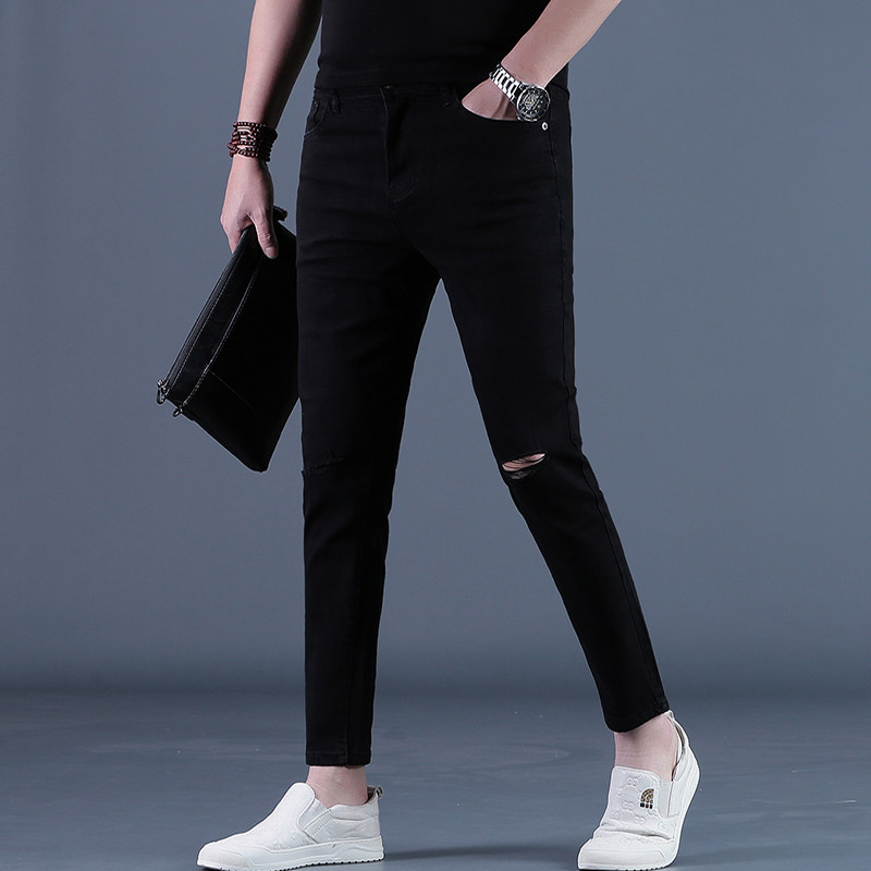 纯黑色九分裤男士破洞牛仔裤潮牌修身小脚夏季9分休闲裤子男薄款