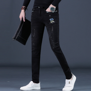 秋冬男装裤子时尚牛仔裤男士高级感潮流修身小脚黑色刺绣花长裤厚