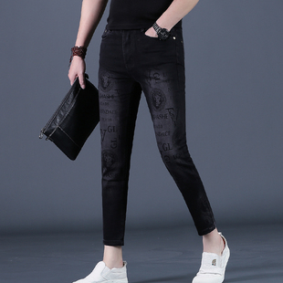 夏款裤子男九分裤男士牛仔裤潮牌刺绣花修身小脚9分休闲男装薄25